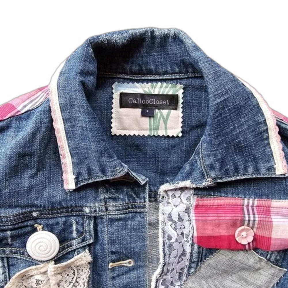 Boho Patchwork Embellished Upcycled Denim Jean jacket Artisan NWT Bohemian - Picture 3 of 9